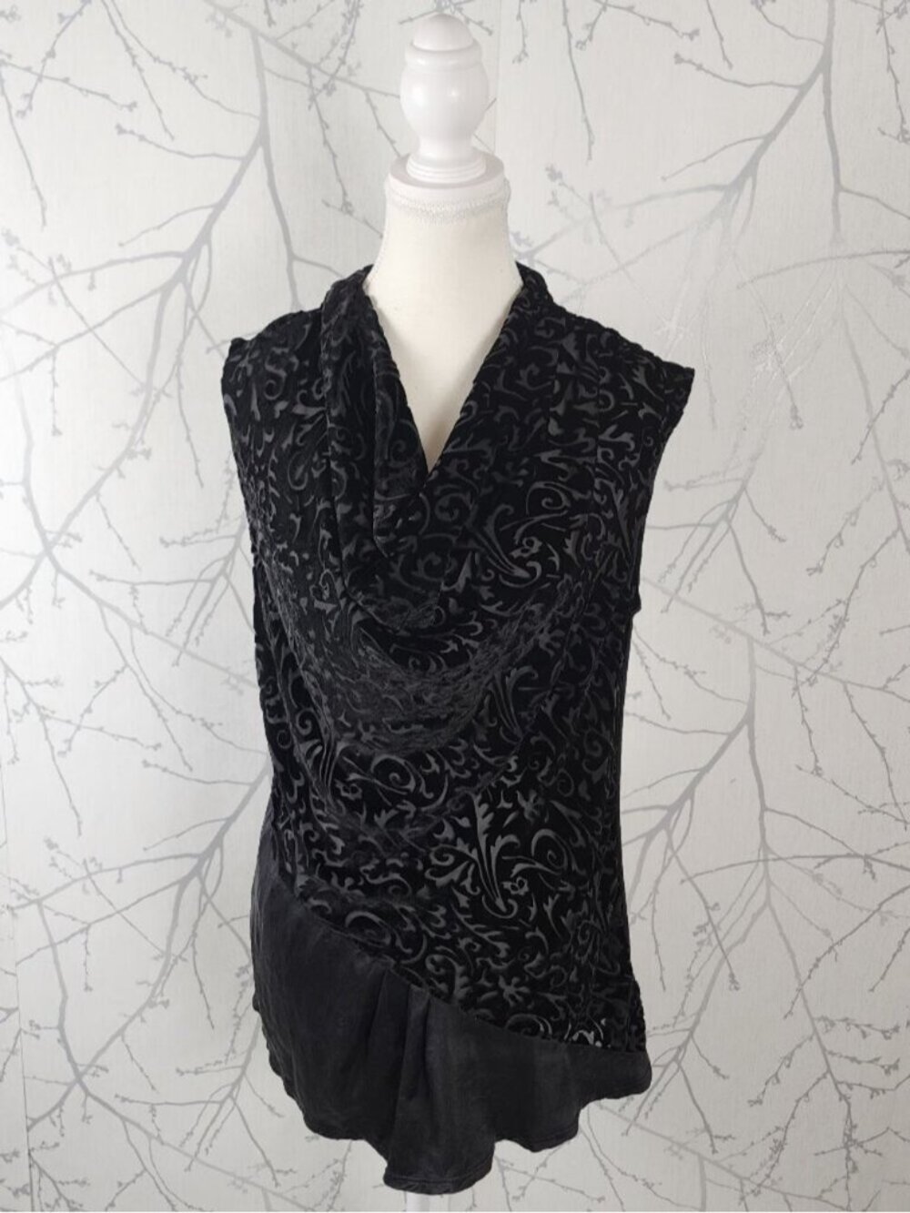 Laquette Black Velvet Burnout Cowl Neck Cap Sleeve Tunic